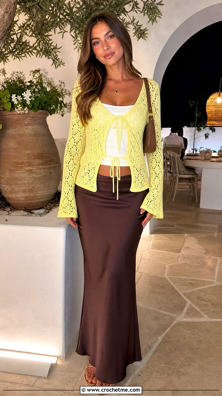 Tie Front Crochet Cardigan With Bias Cut Maxi Skirt - 35 crochet cardigan for women outfit ideas