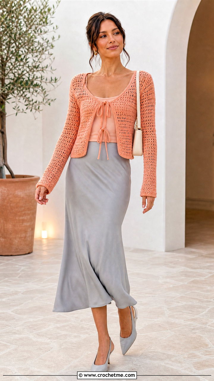 Tie Front Crochet Cardigan With Bias Cut Skirt - 35 crochet cardigan ideas
