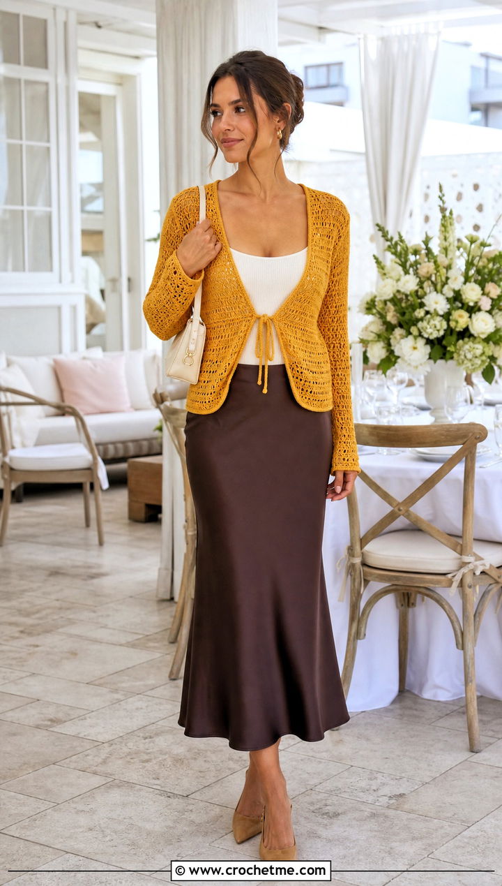 Tie Front Crochet Cardigan With Bias Cut Skirt - 20 Crochet Cardigan For Women Sweater Coats outfit ideas
