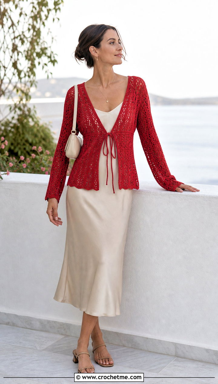 Tie Front Crochet Cardigan With Bias Cut Skirt - 30 crochet women's cardigan outfit ideas