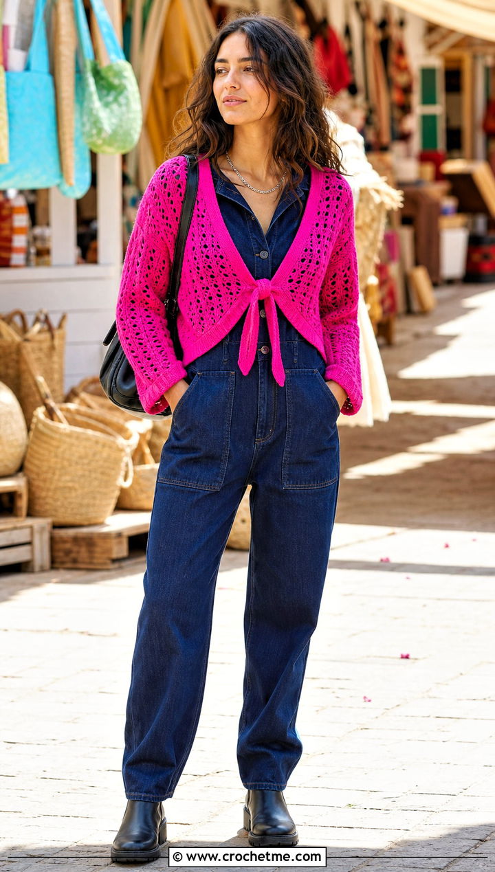 Tie Front Crochet Cardigan With Denim Jumpsuit - 15 goth crochet clothing and outfit ideas