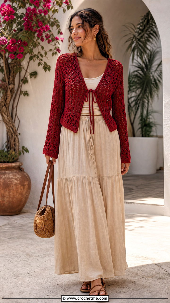 Tie Front Crochet Cardigan With Maxi Skirt - 35 easy crochet cardigan women outfit ideas