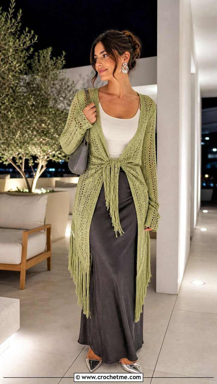Tie Front Crochet Cardigan With Maxi Skirt - 15 long crochet cardigan with fringe outfit ideas