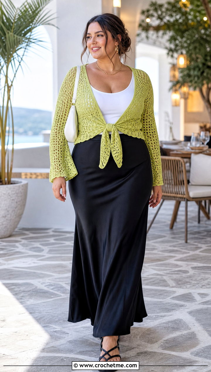 Tie Front Crochet Cardigan With Maxi Skirt - 30 crochet plus size cardigan outfit ideas