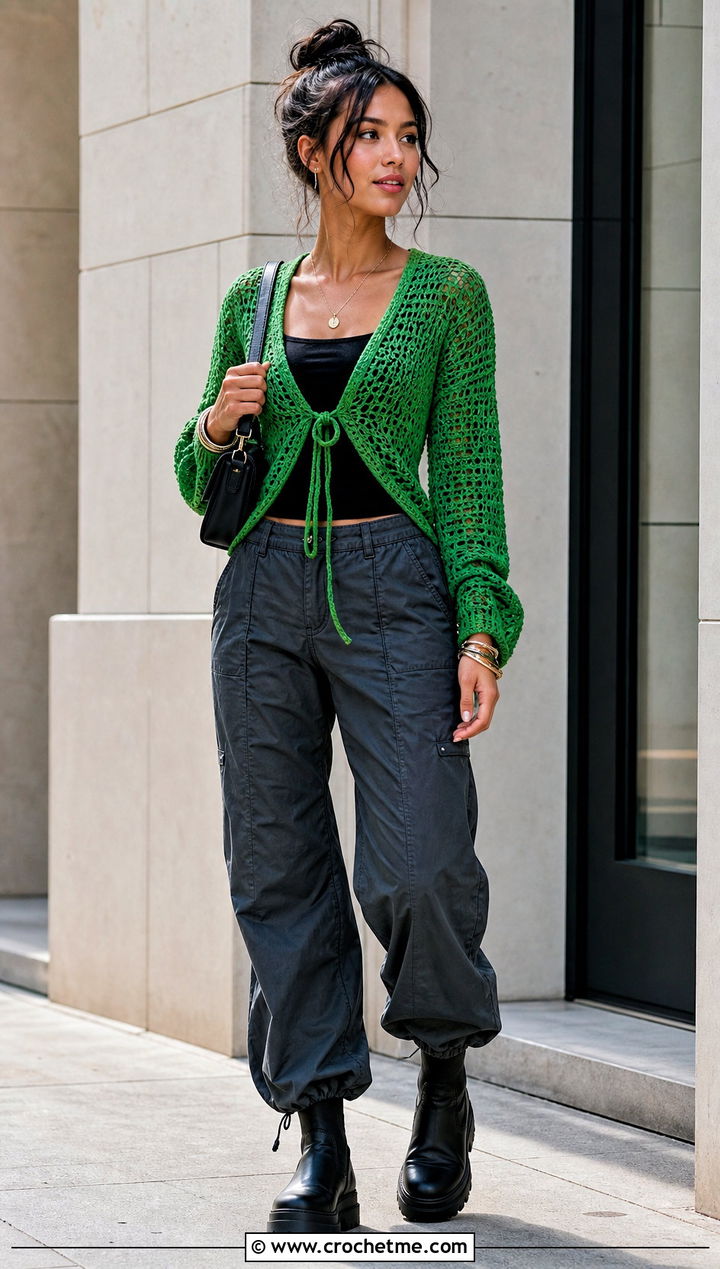 Tie Front Crochet Cardigan With Parachute Pants - 25 witchy crochet cardigan outfit ideas