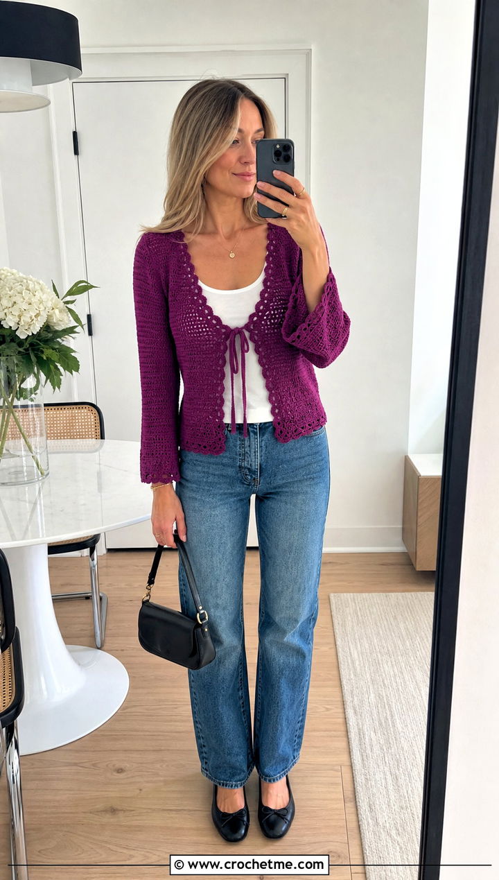 Tie Front Crochet Cardigan With Straight Leg Jeans - 15 Aesthetic Crochet Cardigan outfit ideas
