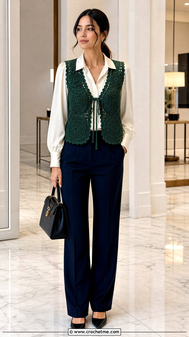 Tie Front Crochet Circle Vest With Silk Blouse And Trousers - 35 crochet circle vest outfit ideas