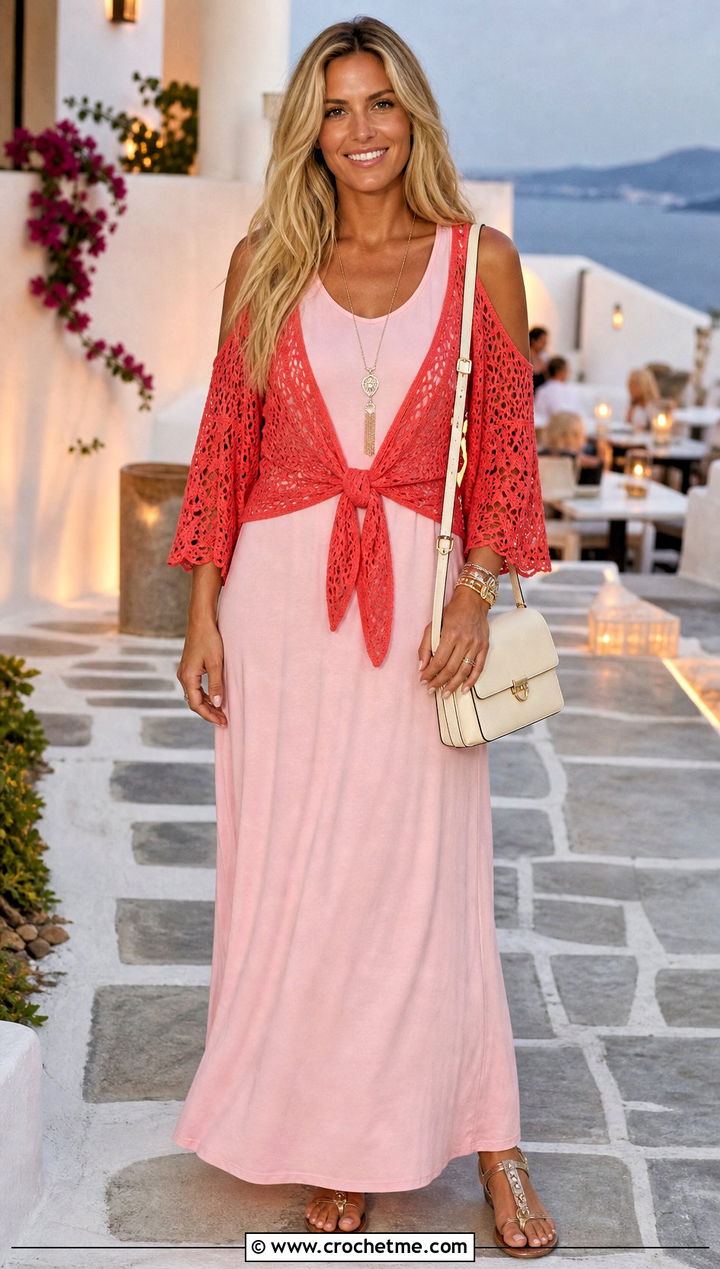 Tie Front Crochet Cold Shoulder Top Over A Maxi Dress - 35 crochet cold shoulder top outfit ideas