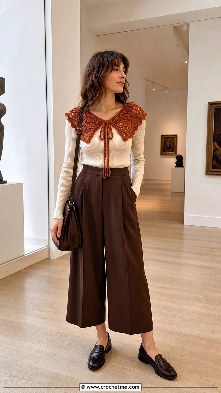 Tie Front Crochet Collar With Ribbed Top And Culottes - 35 crochet collars outfit ideas