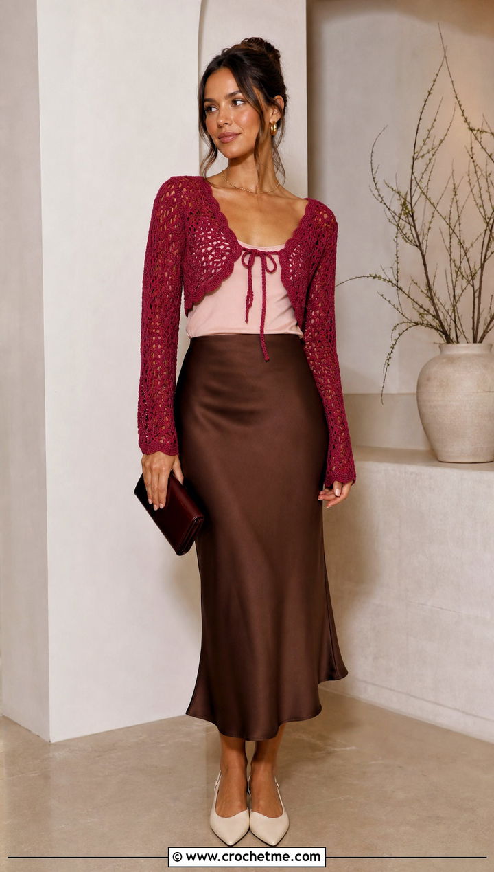 Tie Front Crochet Crop Shrug With Bias Cut Skirt - 25 Crochet Crop Shrug outfit ideas
