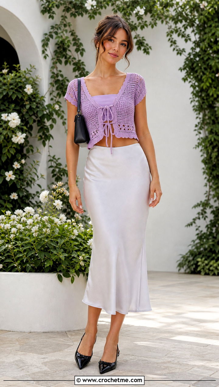Tie Front Crochet Crop Top With Bias Cut Midi Skirt - 20 quick crochet crop top outfit ideas