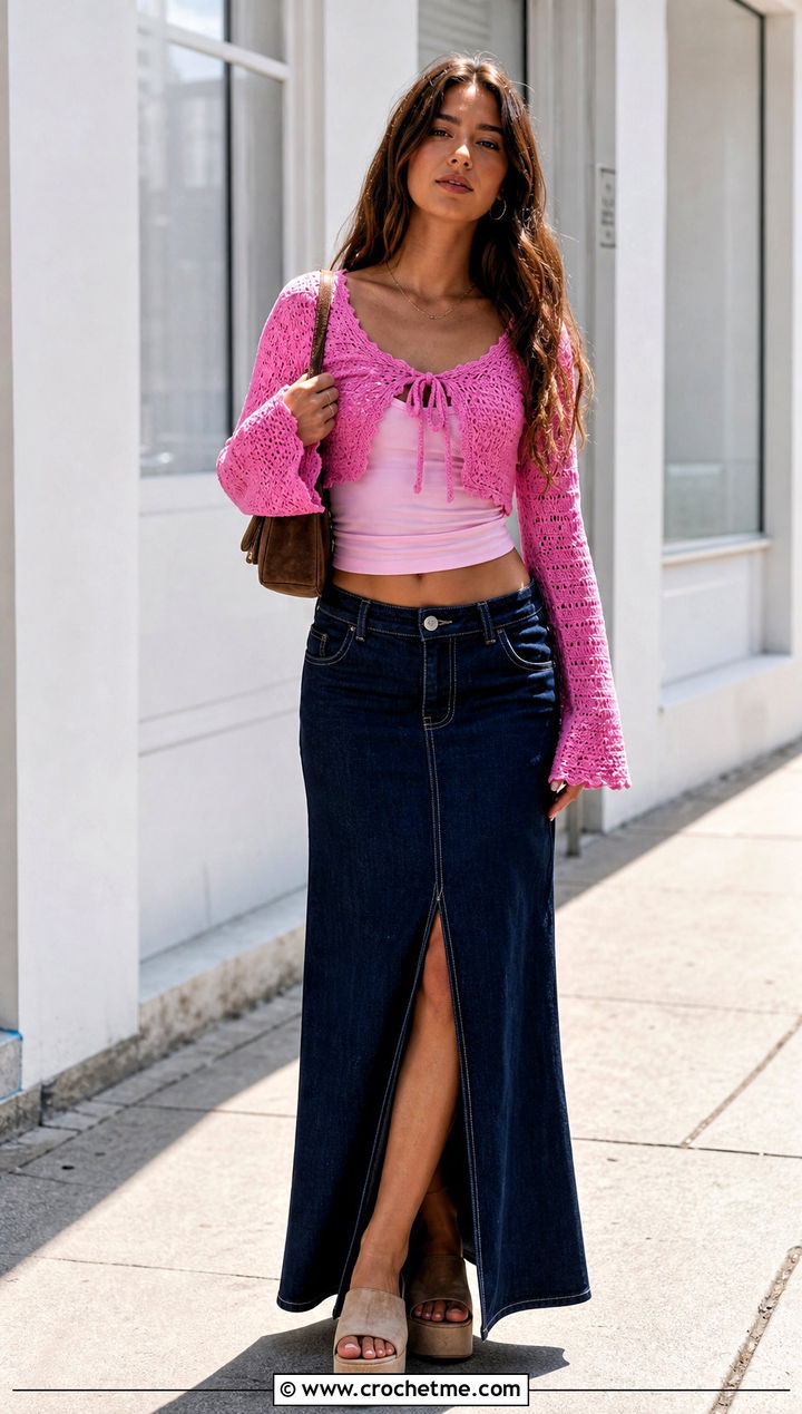 Tie Front Crochet Crop Top With Denim Maxi Skirt - 20 jaded london crochet top outfit ideas