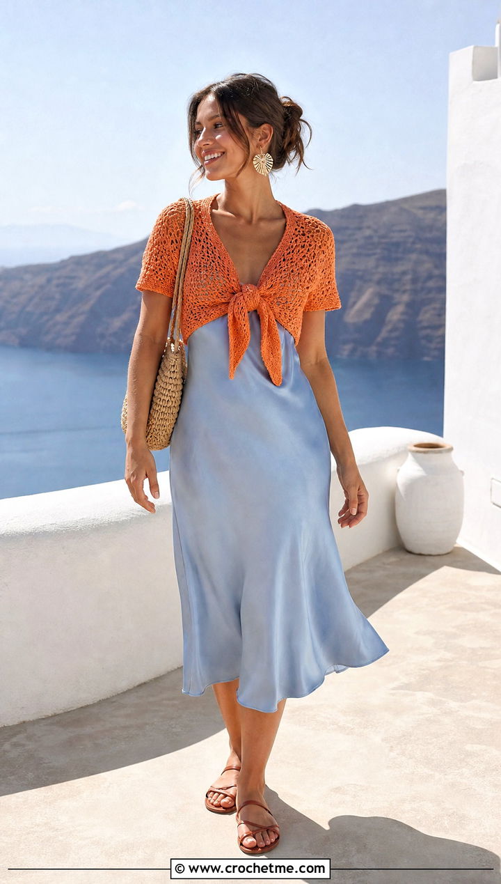 Tie Front Crochet Crop Top With Slip Dress - 25 Easy Crochet Crop Top outfit ideas