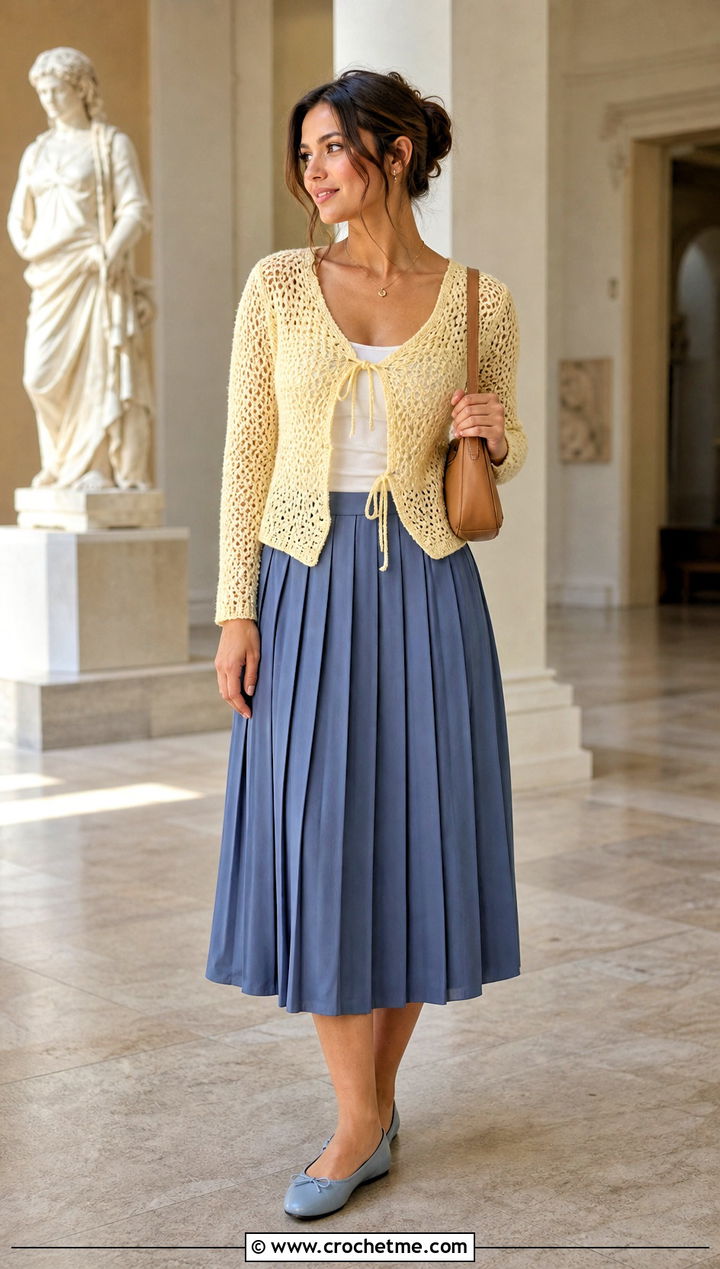 Tie Front Crochet Doll Cardigan With Pleated Midi Skirt - 30 crochet doll cardigan outfit ideas