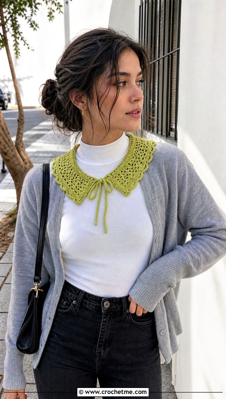 Tie Front Crochet Doll Collar With Tank Top And Cardigan - 25 Crochet Doll Collar outfit ideas