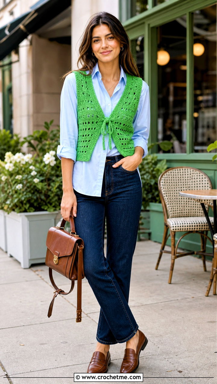 Tie Front Crochet Hippie Vest With Poplin Shirt - 25 crochet hippie vest outfit ideas