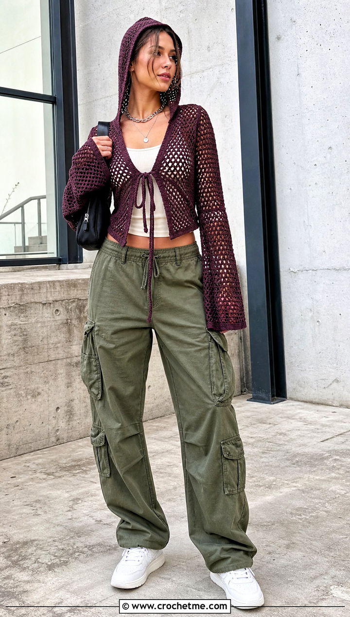Tie Front Crochet Hooded Shrug With Cargo Pants - 30 Crochet Hooded Shrug outfit ideas