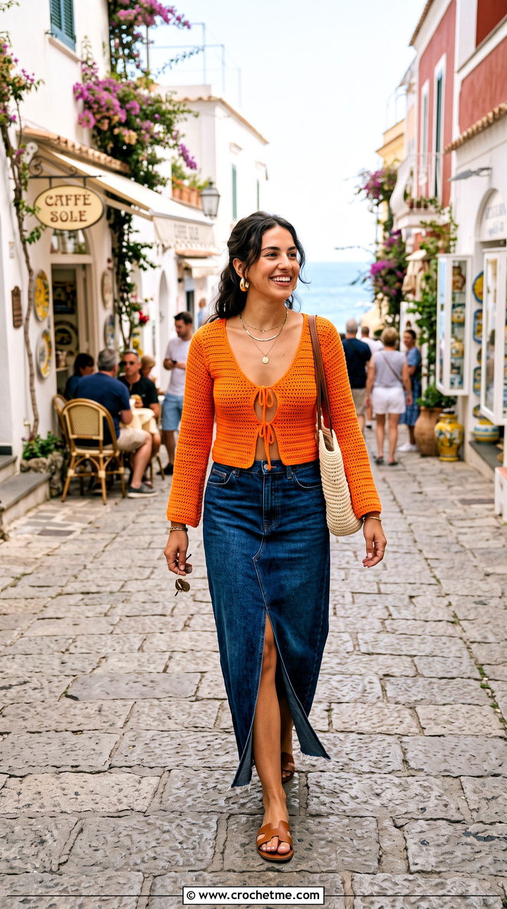 Tie Front Crochet Keyhole Top With Denim Maxi Skirt - 30 crochet keyhole top outfit ideas