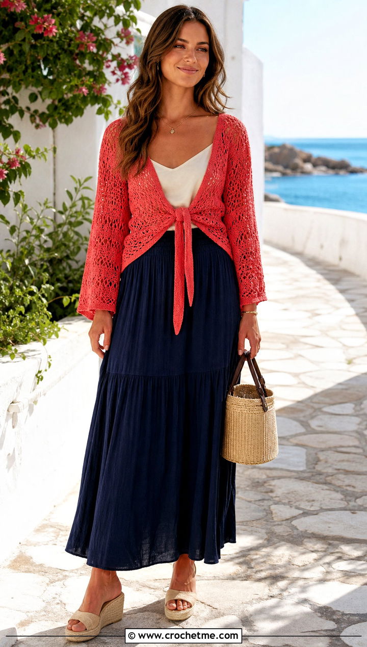 Tie Front Crochet Kimono With Maxi Skirt - 25 easy crochet kimono outfit ideas