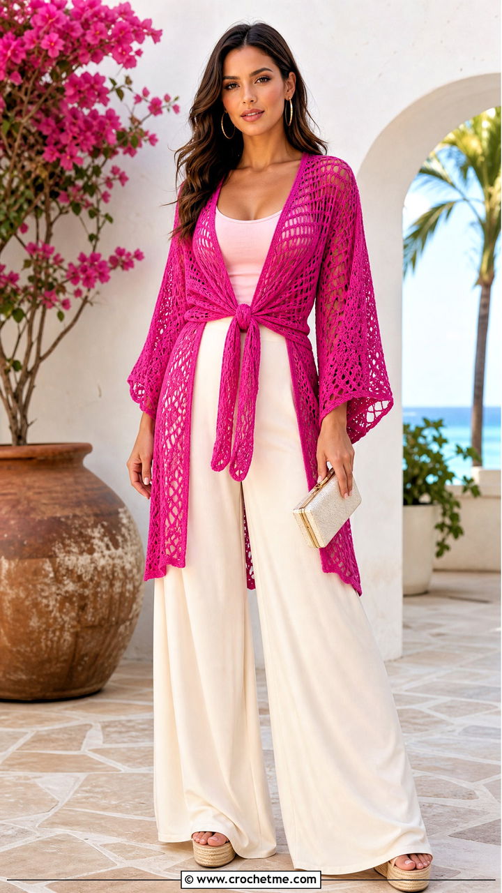 Tie Front Crochet Kimono With Palazzo Pants - 35 crochet kimono outfit ideas