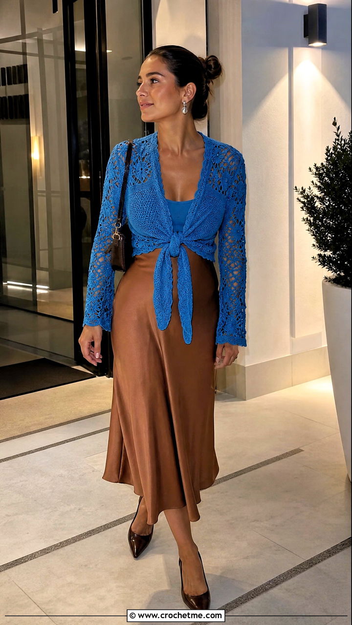 Tie Front Crochet Lace Blouse With Bias Cut Skirt - 35 crochet lace blouse outfit ideas