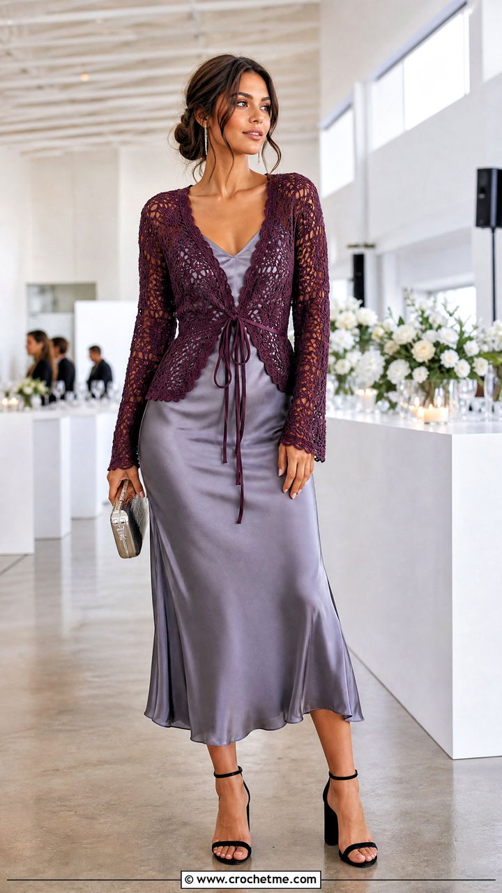 Tie Front Crochet Lace Sweater With Slip Dress - 35 crochet lace sweater outfit ideas