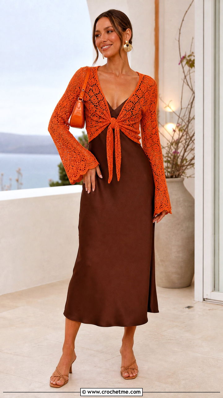 Tie Front Crochet Lace Top With Slip Dress - 35 crochet lace top outfit ideas