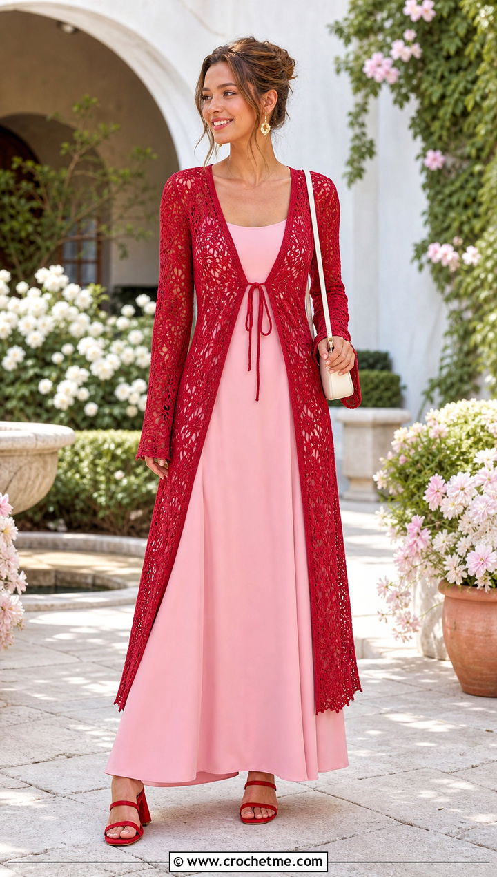 Tie Front Crochet Long Lacy Cardigan With Maxi Dress - 20 Crochet Long Lacy Cardigan outfit ideas