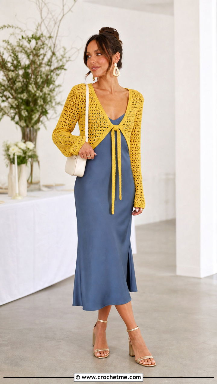 Tie Front Crochet Long Sleeve Cardigan With Slip Dress - 25 Crochet Long Sleeve Cardigan outfit ideas