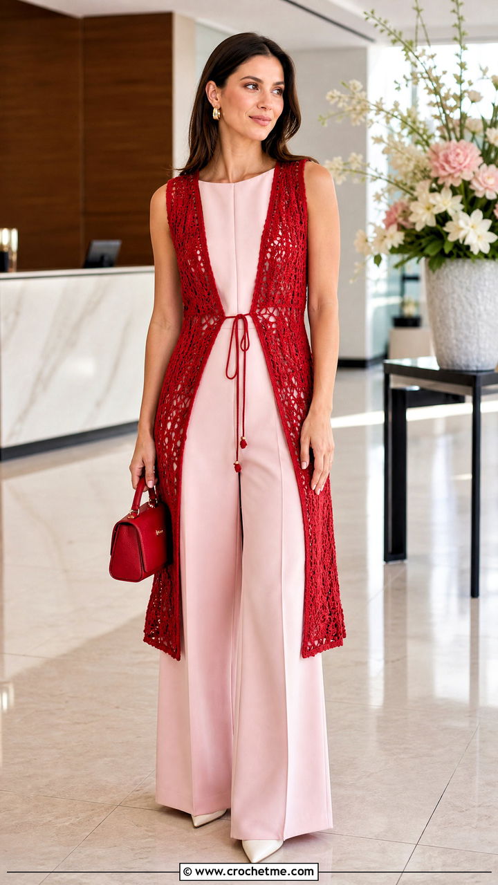 Tie Front Crochet Long Vest With Tailored Jumpsuit - 35 Crochet Long Vest outfit ideas