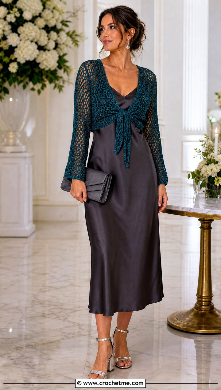 Tie Front Crochet Mesh Bolero With Slip Dress - 25 Crochet Mesh Bolero outfit ideas