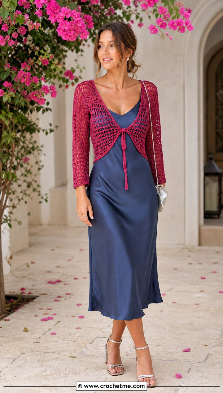 Tie Front Crochet Mesh Shirt With Slip Dress - 30 crochet mesh shirt outfit ideas