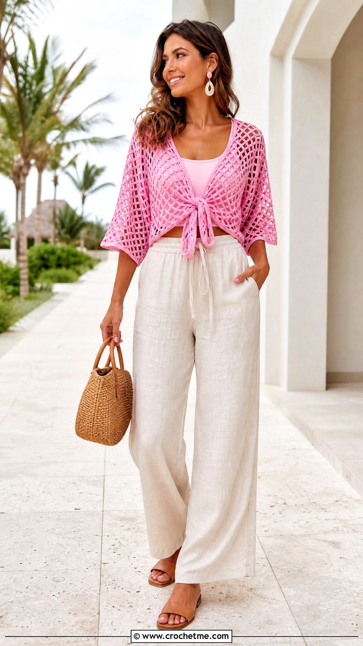 Tie Front Crochet Mesh Top With Linen Pants - 35 crochet mesh top outfit ideas