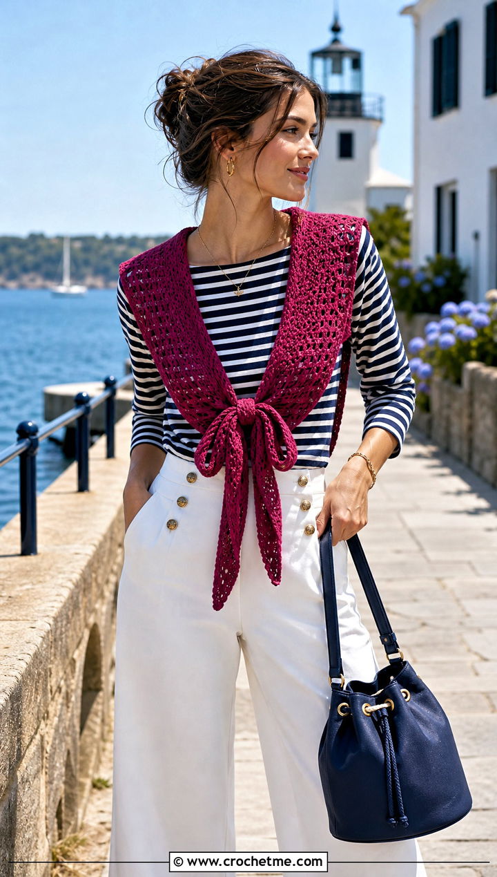 Tie Front Crochet Sailor Collar With Breton Top And Sailor Pants - 30 crochet sailor collar outfit ideas
