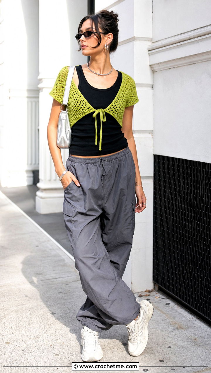 Tie Front Crochet Short Sleeve Shrug With Cargo Pants - 30 crochet short sleeve shrug outfit ideas