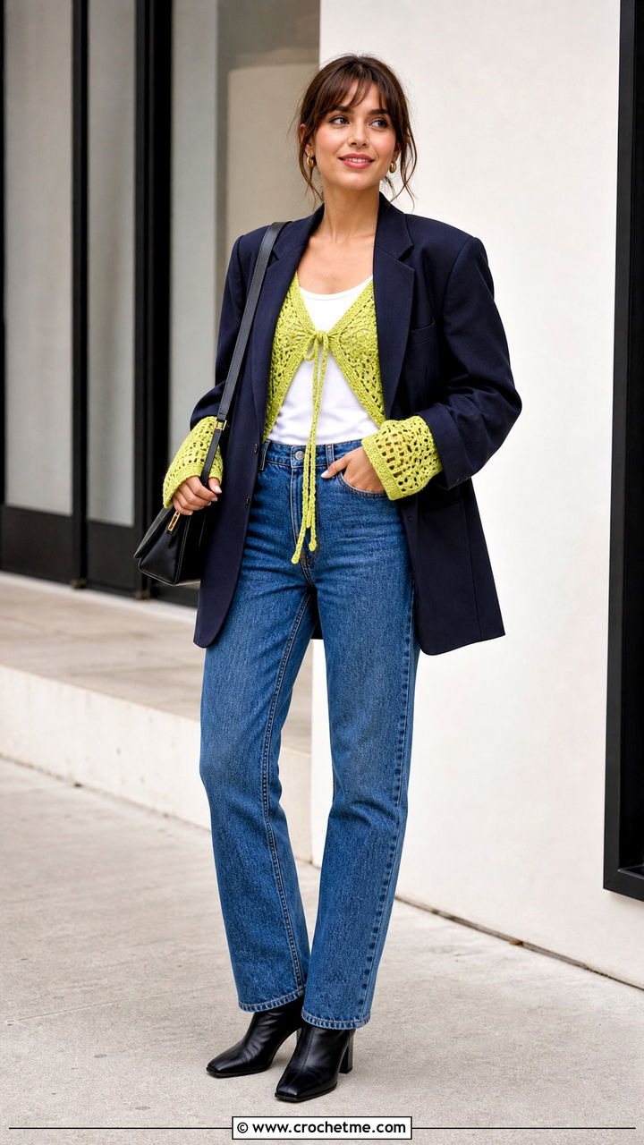 Tie Front Crochet Shrug Top With Blazer And Jeans - 35 hippie crochet top outfit ideas