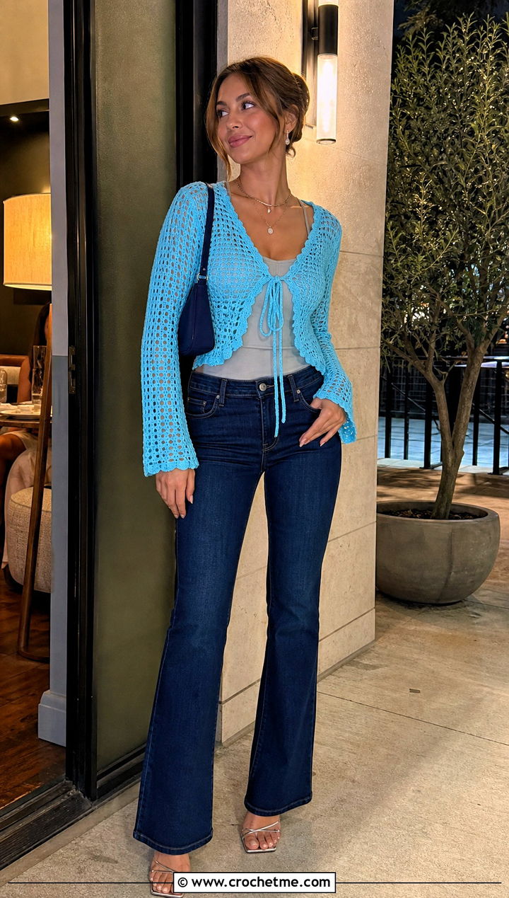 Tie Front Crochet Shrug With Dark Jeans - 30 easy simple crochet shrug outfit ideas
