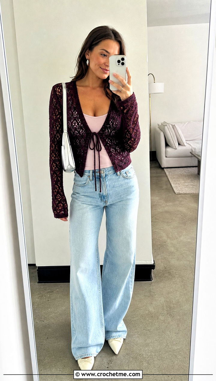 Tie Front Crochet Shrug With Wide Leg Jeans - 25 Crochet Shrug Cardigan outfit ideas
