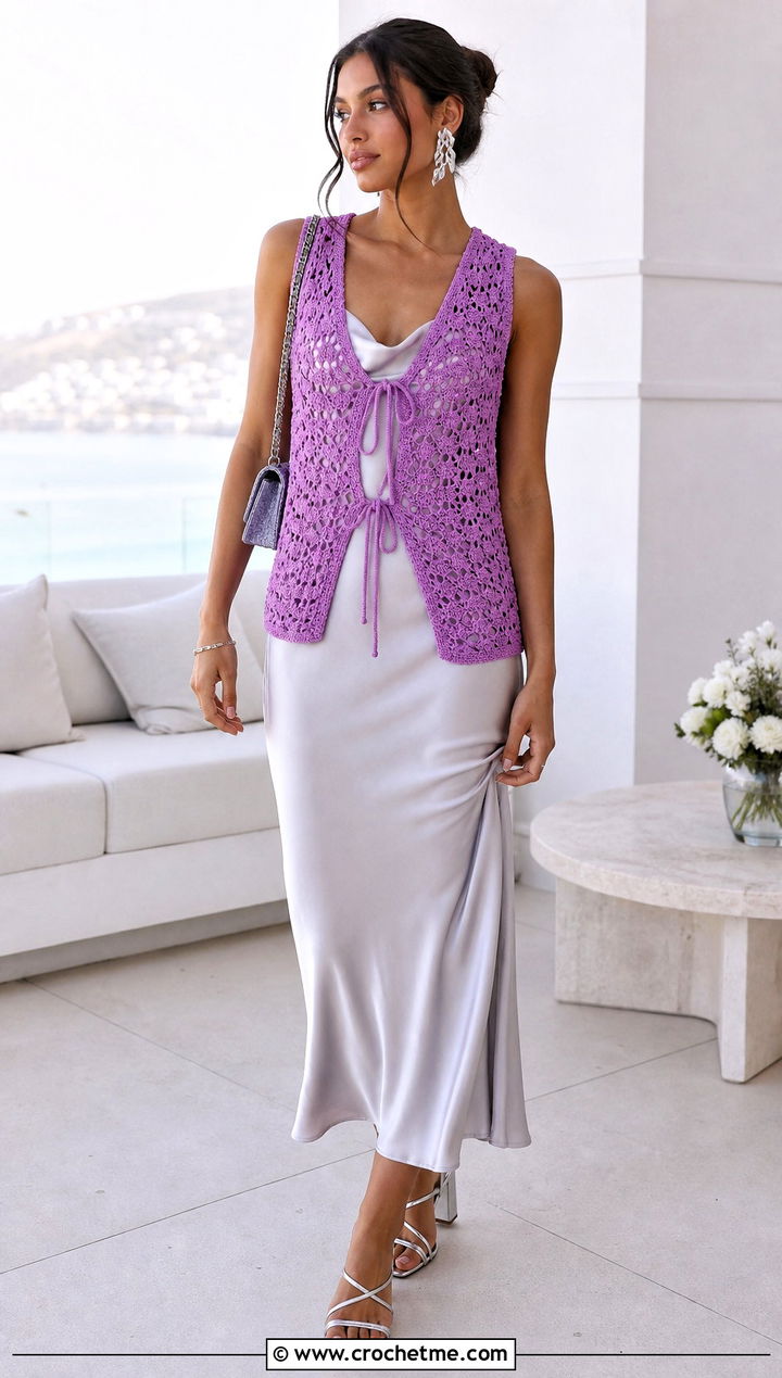 Tie Front Crochet Sleeveless Vest With Slip Dress - 35 crochet sleeveless vest outfit ideas