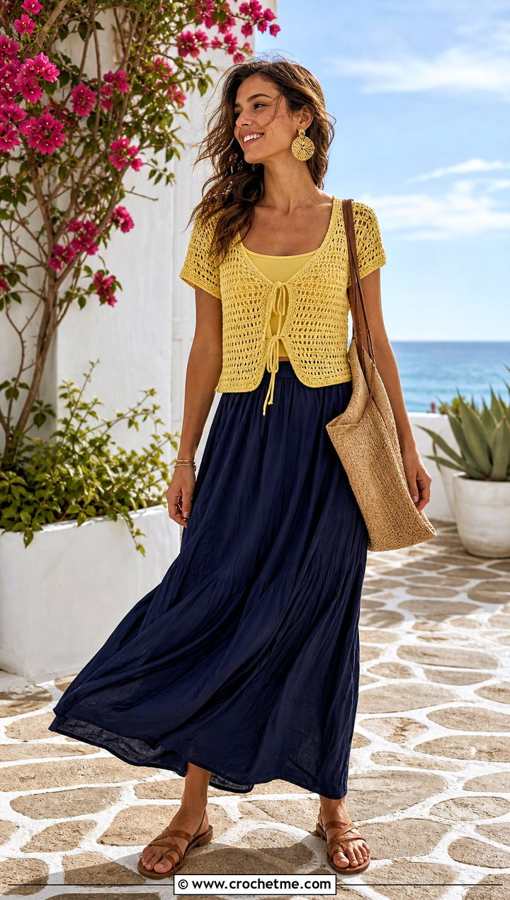 Tie Front Crochet T Shirt With Maxi Skirt - 30 crochet t shirts outfit ideas