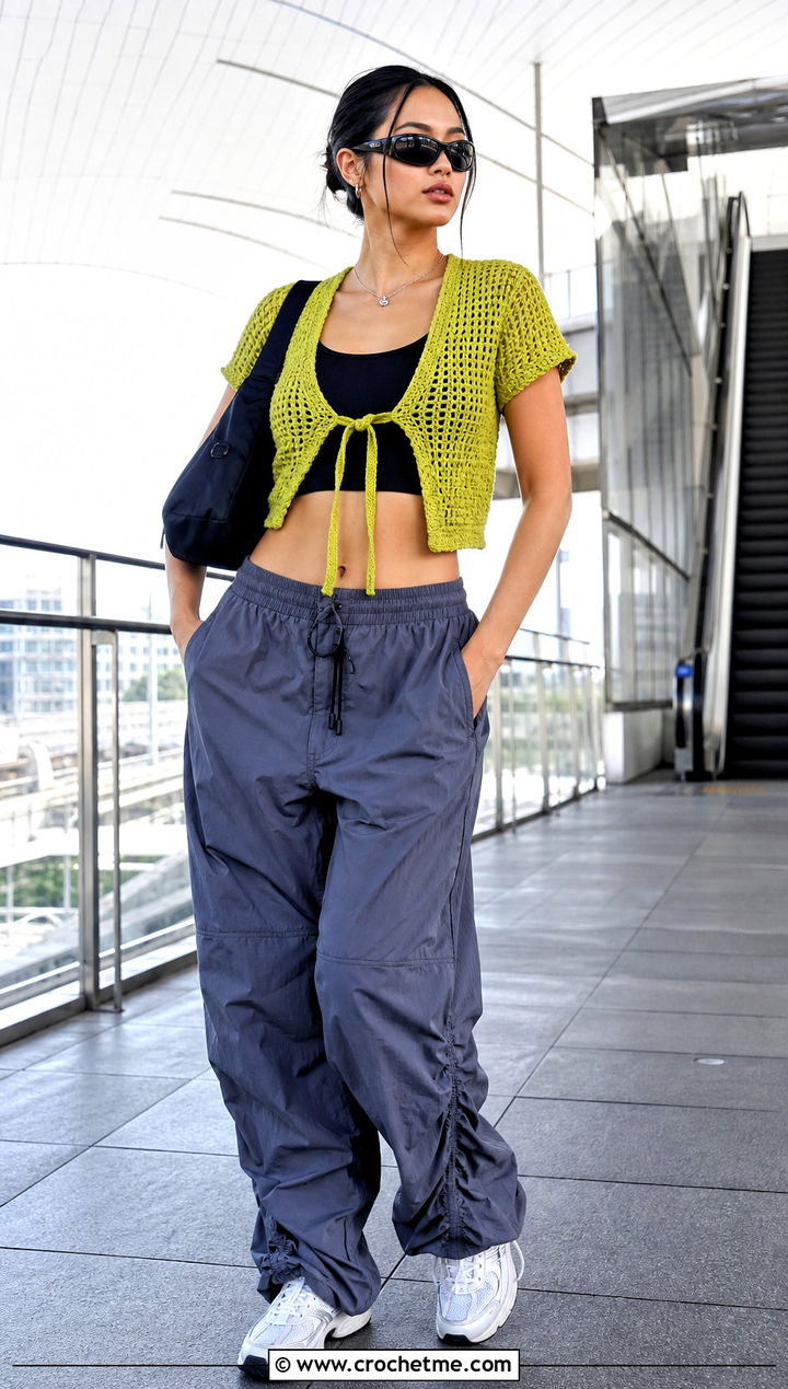 Tie Front Crochet Tee With Parachute Pants - 30 crochet front tie top outfit ideas