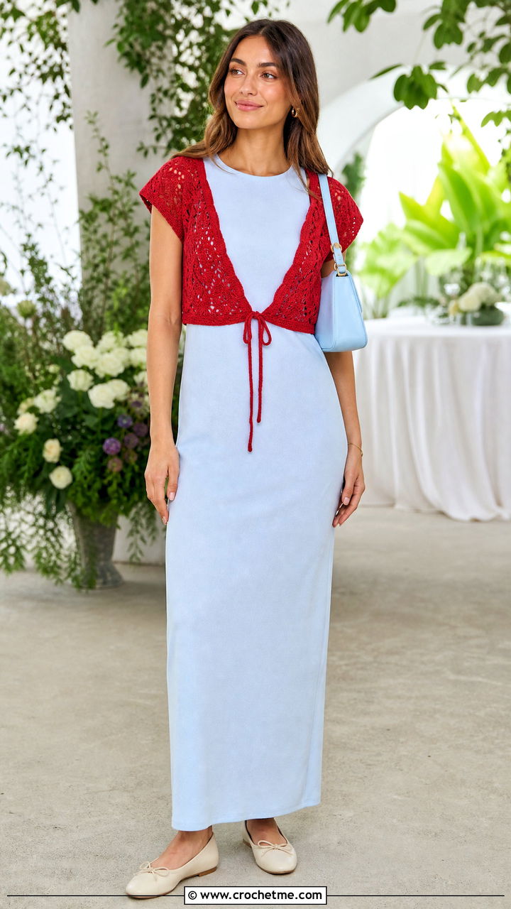 Tie Front Crochet Top Over A Column Dress - 35 crochet top outfits ideas
