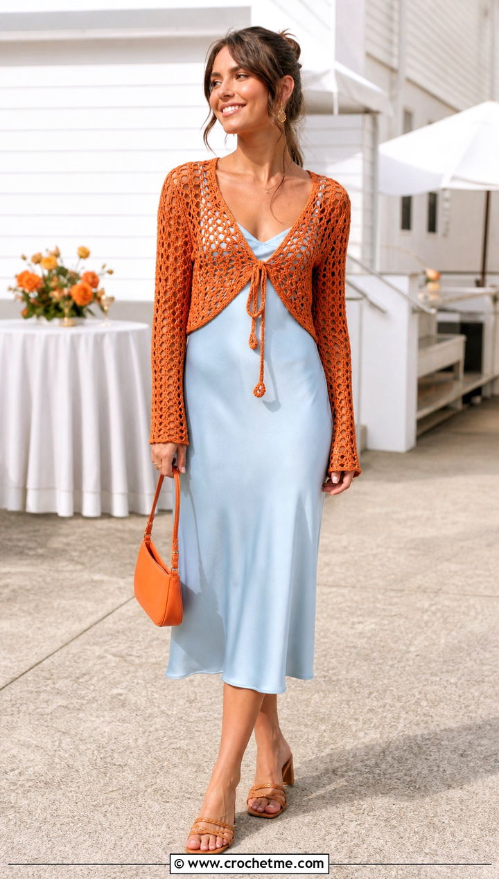 Tie Front Crochet Top Over A Slip Dress - 35 Fast Crochet Top outfit ideas