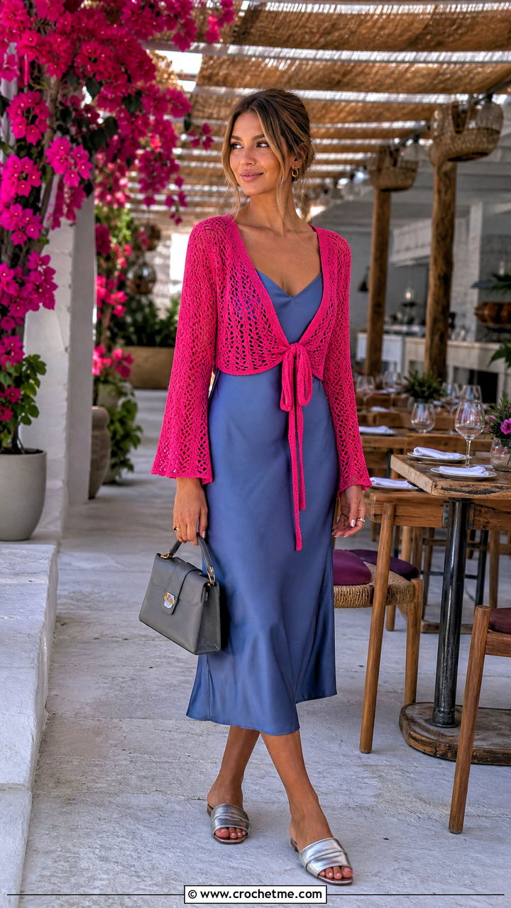 Tie Front Crochet Top Over Slip Dress - 35 trendy crochet tops outfit ideas