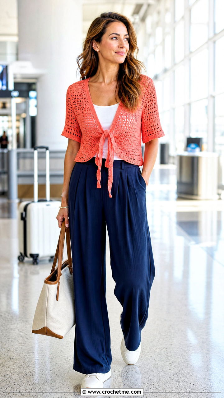 Tie Front Crochet Top With A Tank And Trousers - 35 beginner crochet tops outfit ideas