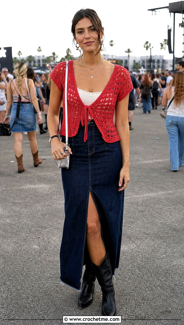 Tie Front Crochet Top With Denim Maxi Skirt - 25 Crochet Top Small Chest outfit ideas