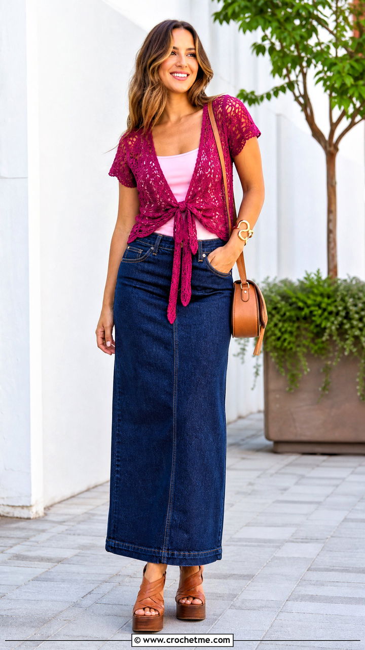 Tie Front Crochet Top With Denim Maxi Skirt - 35 simple crochet top outfit ideas