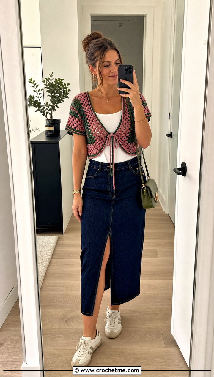 Tie Front Crochet Top With Denim Midi Skirt - 30 pink and green crochet top outfit ideas