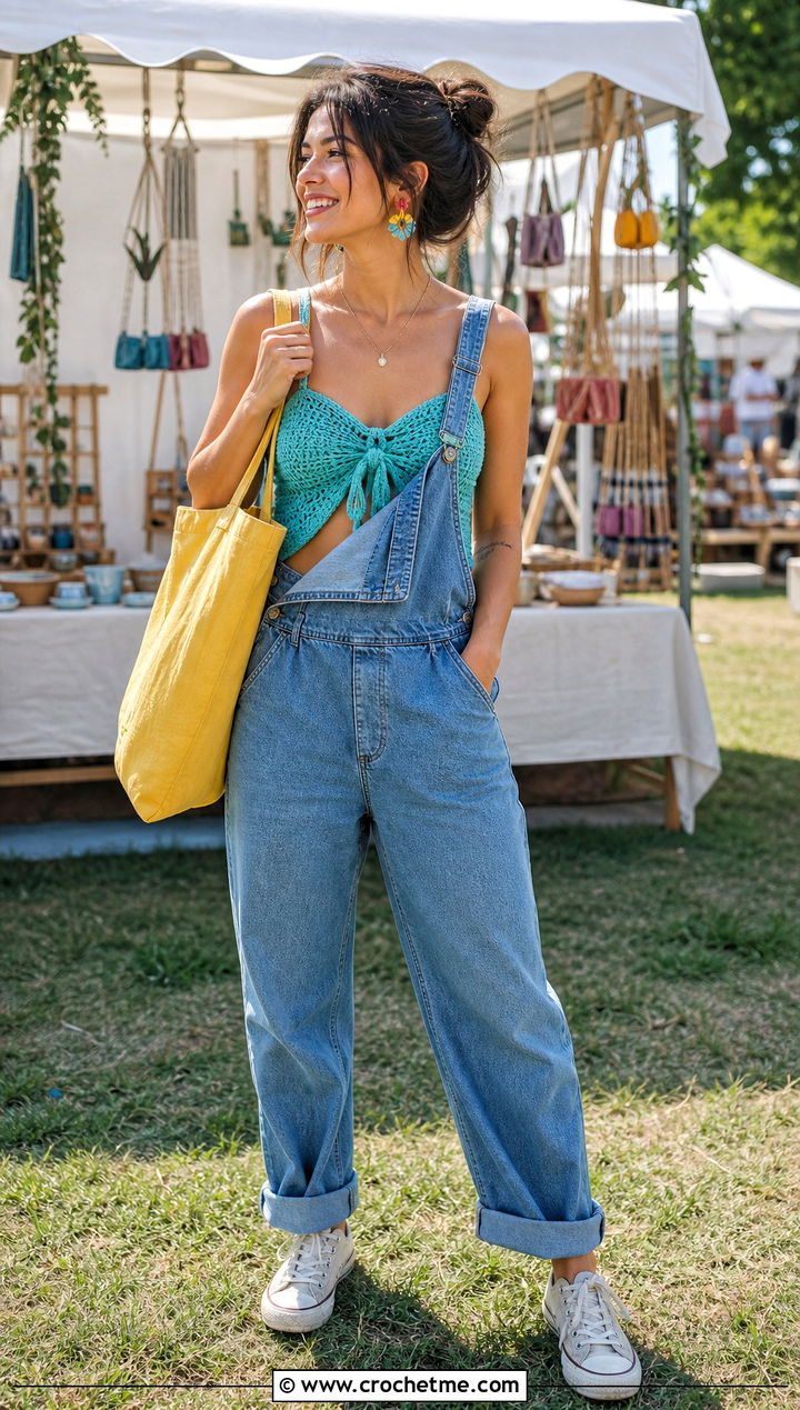 Tie Front Crochet Top With Denim Overalls - 15 crochet top on grass outfit ideas