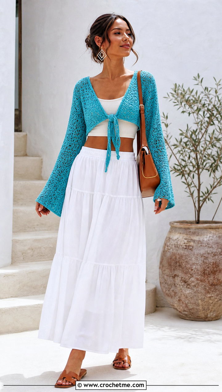 Tie Front Crochet Top With Maxi Skirt - 20 modern crochet top outfit ideas